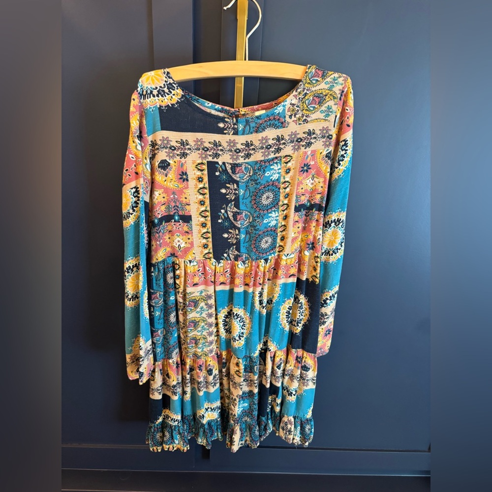 Xhilaration Teal, Mustard & Pink Patchwork Floral Dress